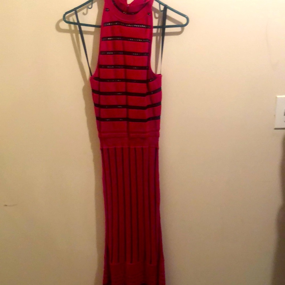Never worn pink and black crochet dress sexy with black piping